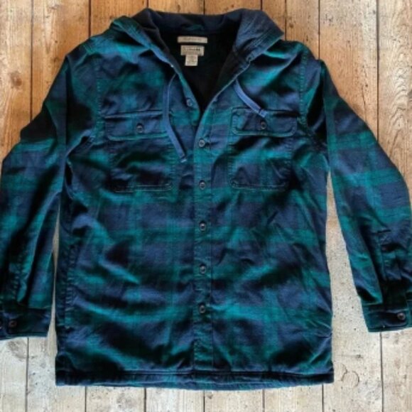 L.L. Bean Men’s Med Hooded Fleece Shirt Jacket Green Blue Plaid Traditional Fit - Picture 1 of 5